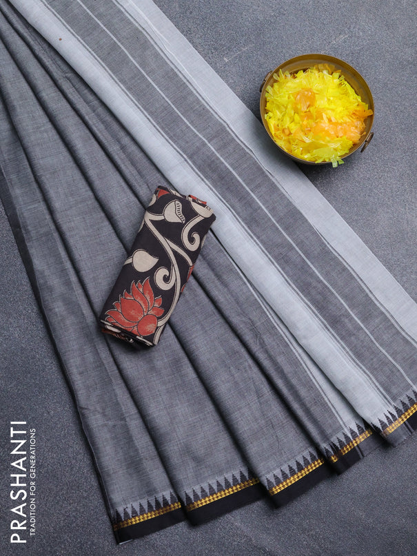 Narayanpet cotton saree grey and black with plain body and thread woven border