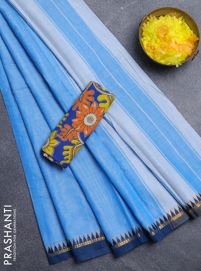 Narayanpet cotton saree light blue and cs blue with plain body and thread woven border