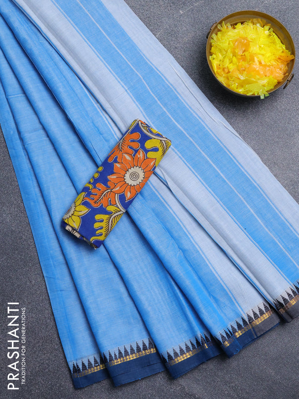 Narayanpet cotton saree light blue and cs blue with plain body and thread woven border