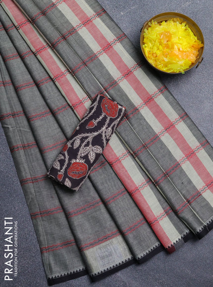 Narayanpet cotton saree grey and black with plain body and thread woven border