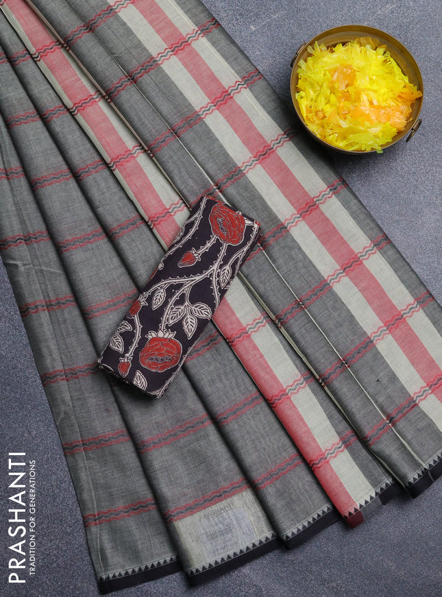 Narayanpet cotton saree grey and black with plain body and thread woven border