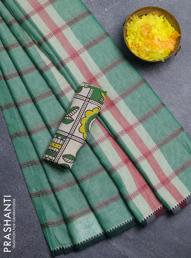 Narayanpet cotton saree green shade and light green with plain body and thread woven border