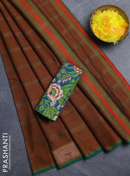 Narayanpet cotton saree dark mustard and peacock green with thread weaves and thread woven border