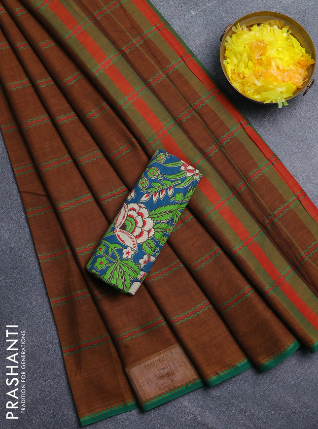 Narayanpet cotton saree dark mustard and peacock green with thread weaves and thread woven border