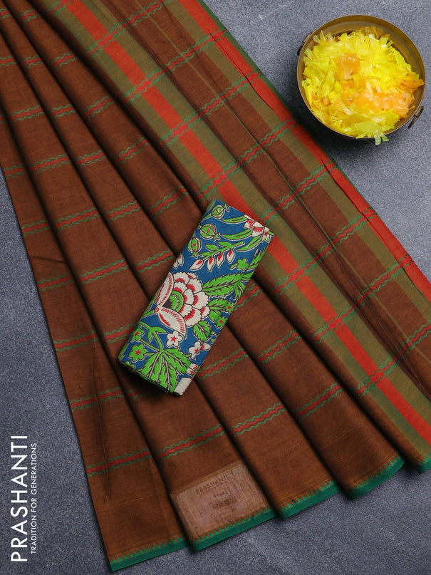 Narayanpet cotton saree dark mustard and peacock green with thread weaves and thread woven border