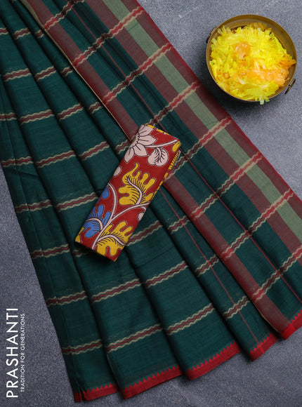 Narayanpet cotton saree bottle green and maroon with thread weaves and temple design simple border