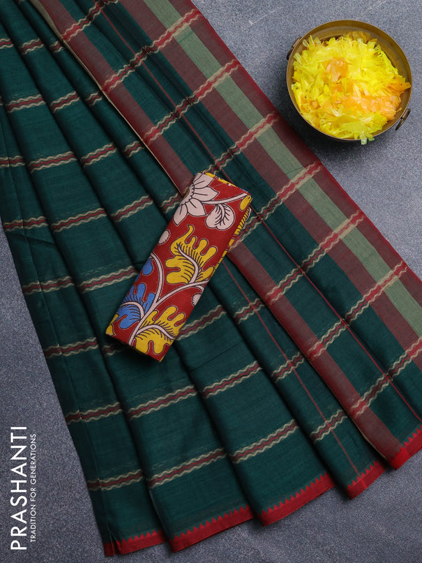 Narayanpet cotton saree bottle green and maroon with thread weaves and temple design simple border