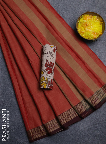 Narayanpet cotton saree red shade and beige with plain body and thread woven border