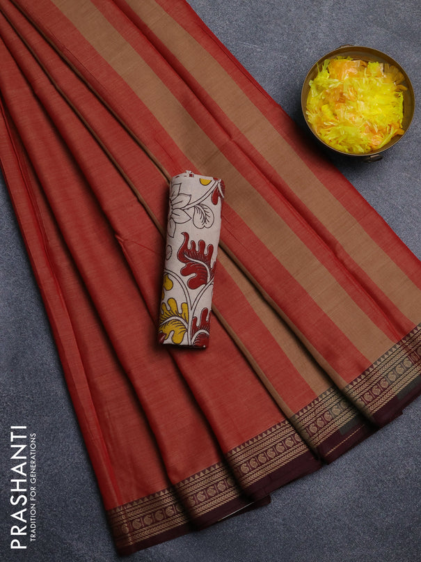 Narayanpet cotton saree red shade and beige with plain body and thread woven border