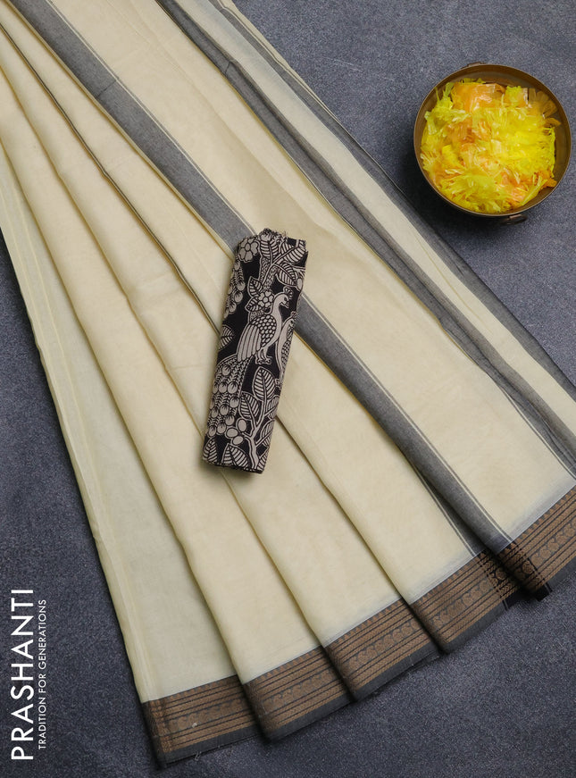 Narayanpet cotton saree off white and black with plain body and thread woven border