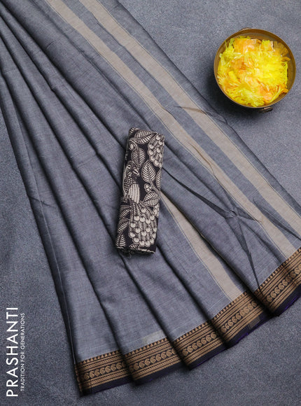 Narayanpet cotton saree grey and black with plain body and thread woven border