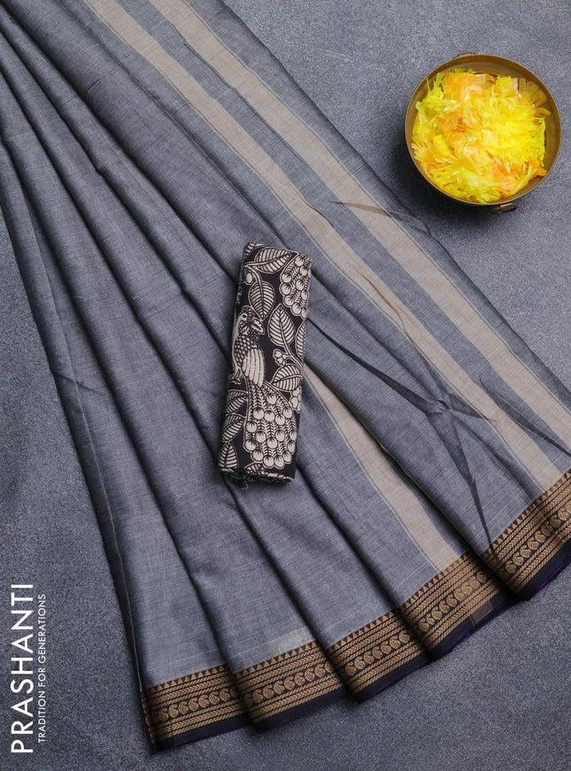 Narayanpet cotton saree grey and black with plain body and thread woven border
