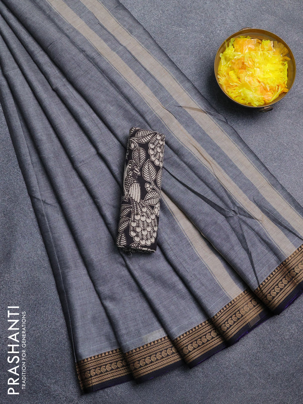 Narayanpet cotton saree grey and black with plain body and thread woven border