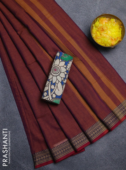 Narayanpet cotton saree dual shade of rust and cs blue with plain body and thread woven border
