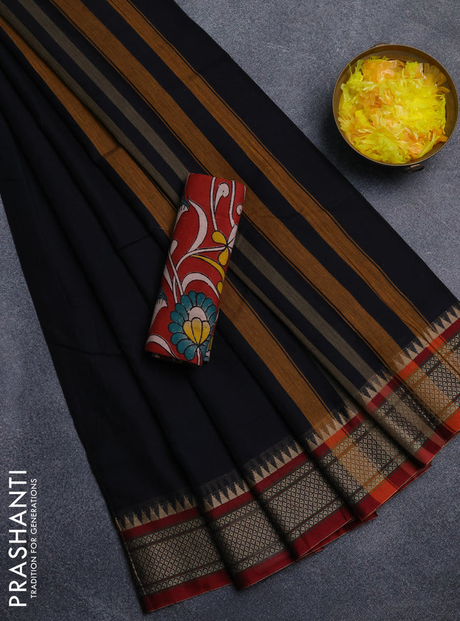 Narayanpet cotton saree black and maroon with plain body and thread woven border