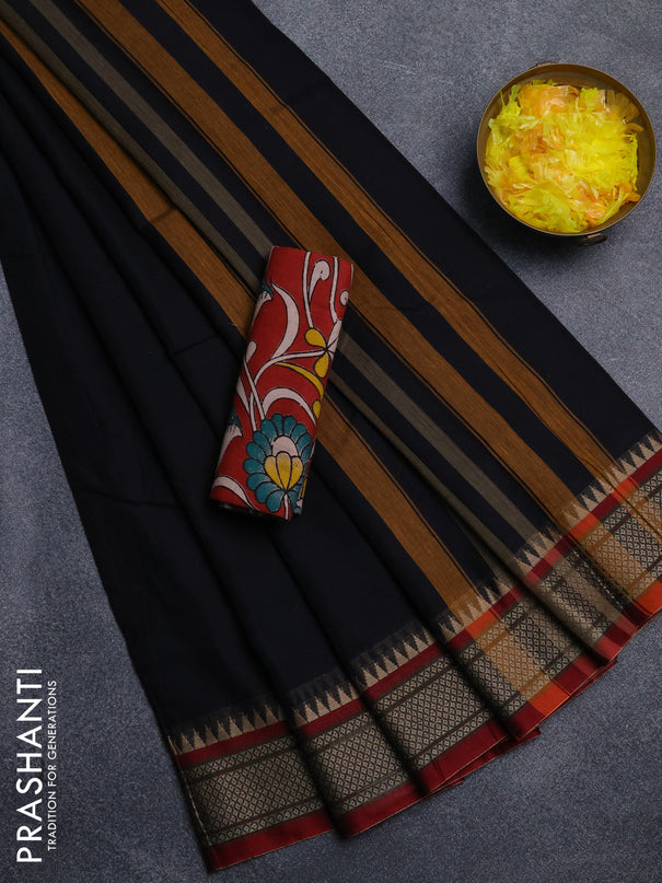 Narayanpet cotton saree black and maroon with plain body and thread woven border