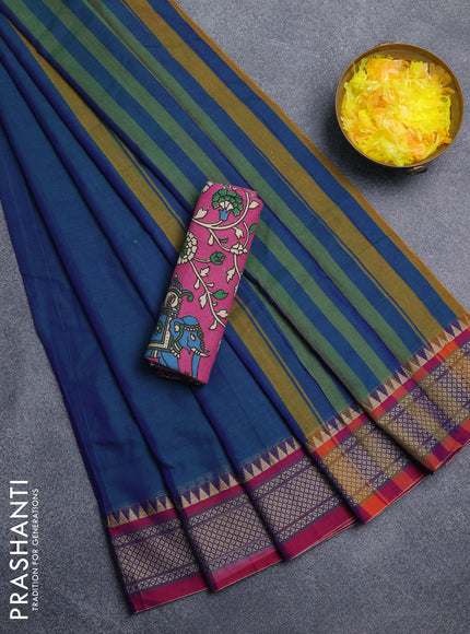 Narayanpet cotton saree dual shade of bluish green and mauve pink with plain body and thread woven border