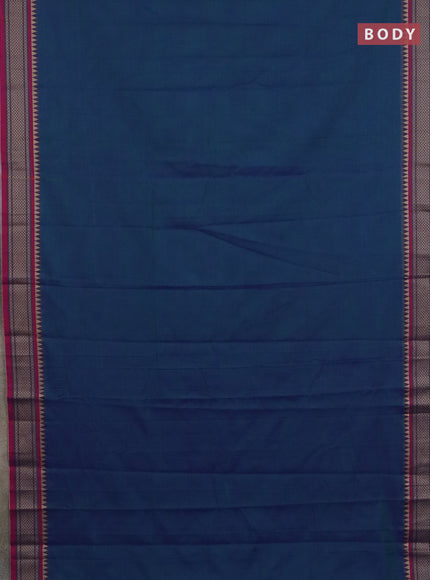 Narayanpet cotton saree dual shade of bluish green and mauve pink with plain body and thread woven border