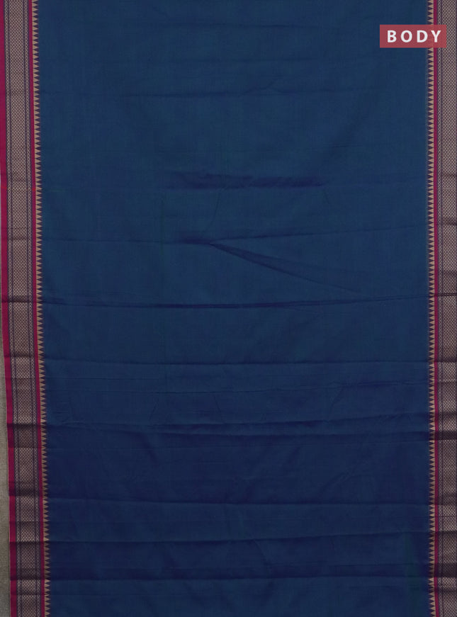 Narayanpet cotton saree dual shade of bluish green and mauve pink with plain body and thread woven border