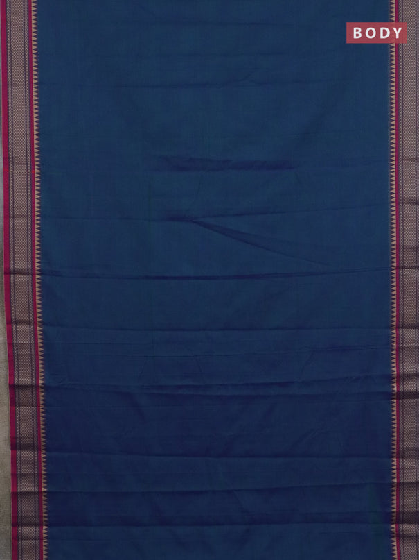Narayanpet cotton saree dual shade of bluish green and mauve pink with plain body and thread woven border