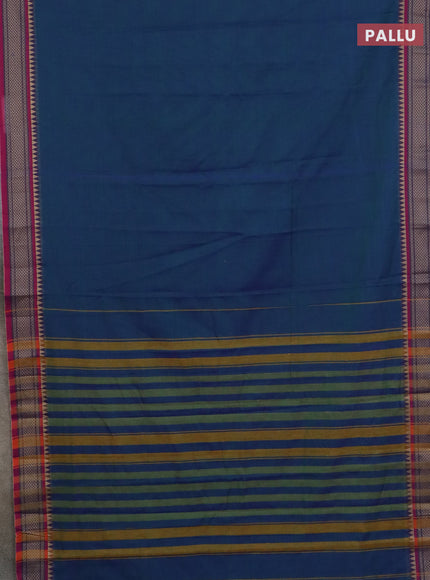 Narayanpet cotton saree dual shade of bluish green and mauve pink with plain body and thread woven border