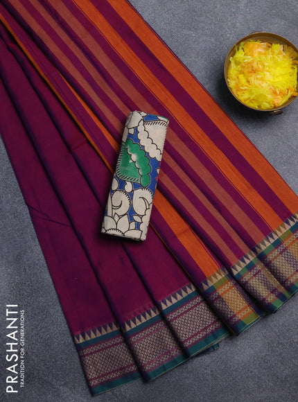 Narayanpet cotton saree dual shade of pink and peacock blue with plain body and thread woven border