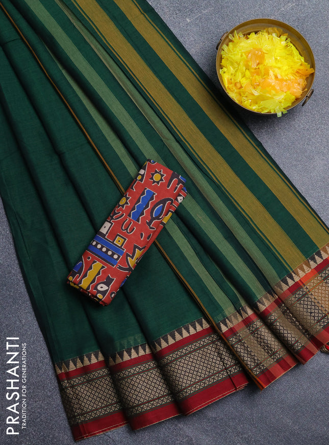Narayanpet cotton saree bottle green and maroon with plain body and thread woven border