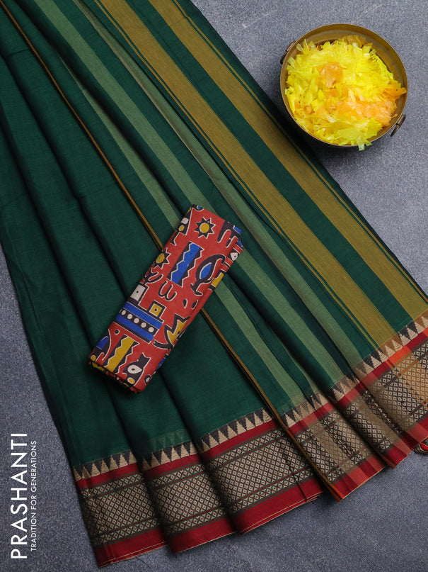 Narayanpet cotton saree bottle green and maroon with plain body and thread woven border