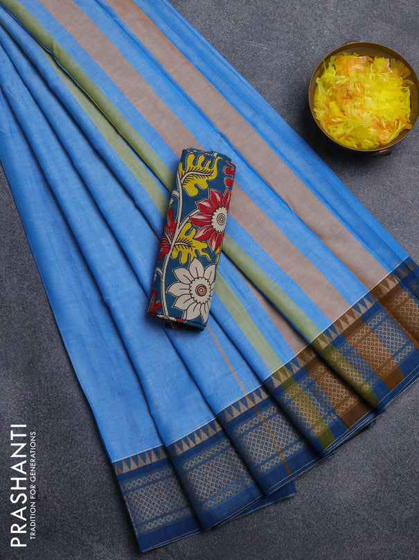 Narayanpet cotton saree pastel blue and cs blue with plain body and thread woven border