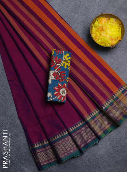 Narayanpet cotton saree dual shade of purple and cs blue with plain body and thread woven border