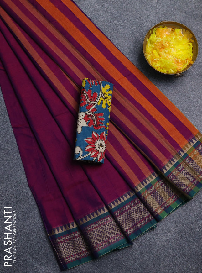 Narayanpet cotton saree dual shade of purple and cs blue with plain body and thread woven border
