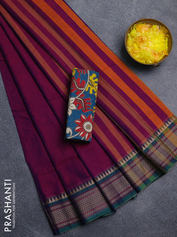 Narayanpet cotton saree dual shade of purple and cs blue with plain body and thread woven border