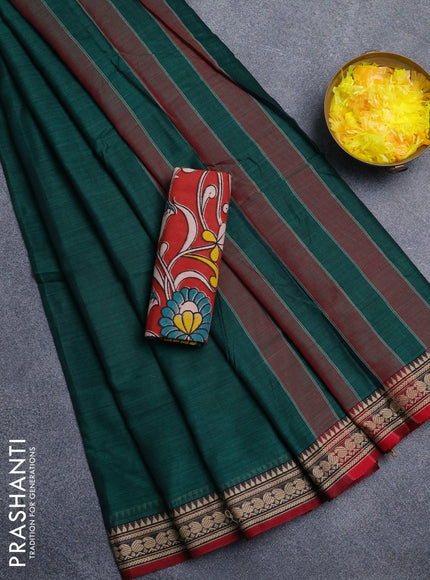 Narayanpet cotton saree green and maroon with plain body and thread woven border