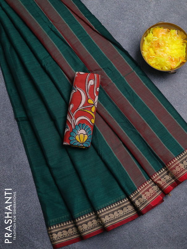 Narayanpet cotton saree green and maroon with plain body and thread woven border