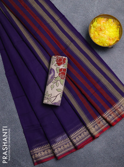 Narayanpet cotton saree violet and beige with plain body and thread woven border