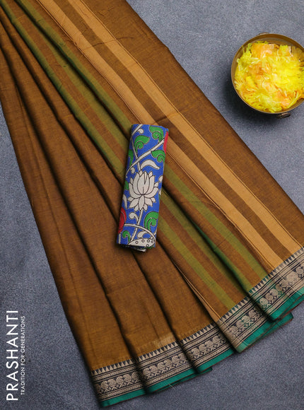Narayanpet cotton saree dark mustard and cs blue with plain body and thread woven border