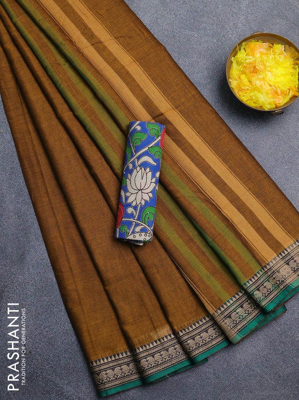 Narayanpet cotton saree dark mustard and cs blue with plain body and thread woven border