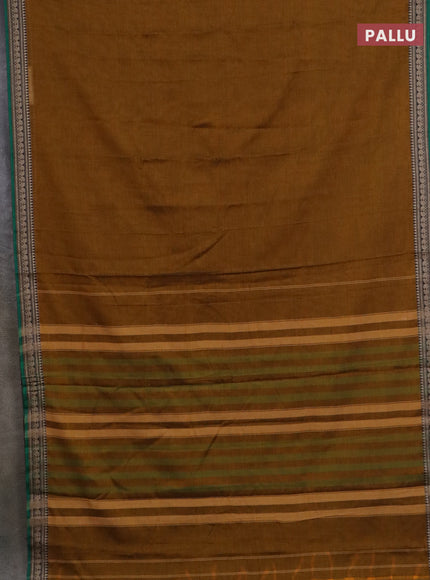 Narayanpet cotton saree dark mustard and cs blue with plain body and thread woven border