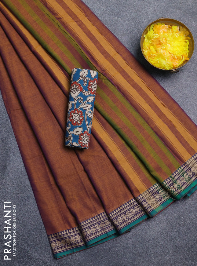Narayanpet cotton saree dual shade of rust and cs blue with plain body and thread woven border