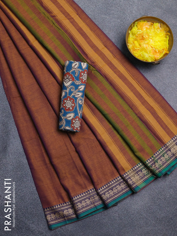 Narayanpet cotton saree dual shade of rust and cs blue with plain body and thread woven border