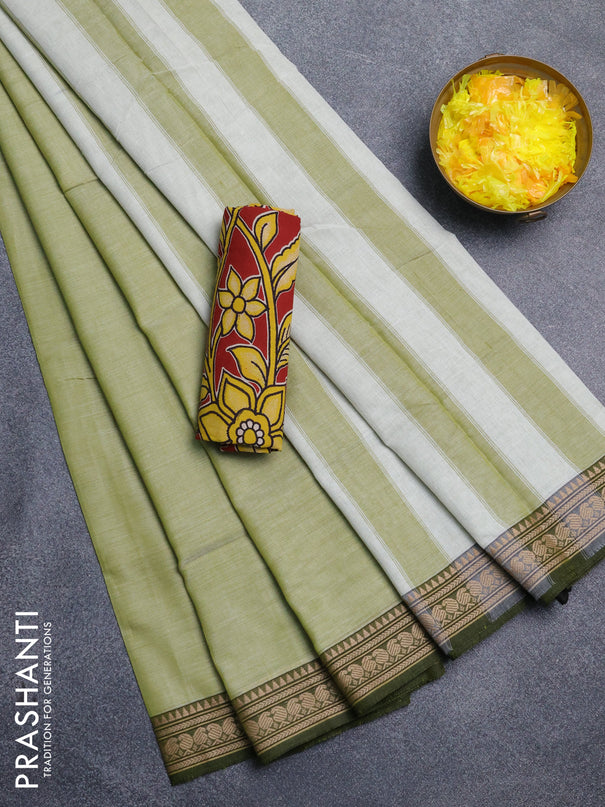 Narayanpet cotton saree pista green and maroon with plain body and thread woven border