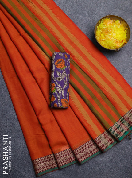 Narayanpet cotton saree orange and violet wih plain body and thread woven border