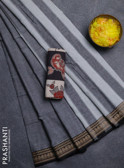 Narayanpet cotton saree grey and black wih plain body and thread woven border