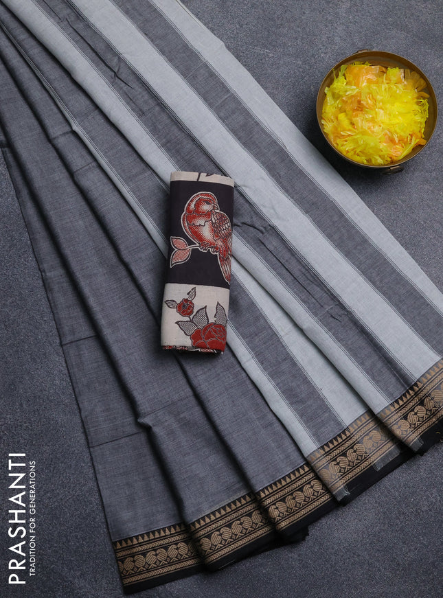 Narayanpet cotton saree grey and black wih plain body and thread woven border