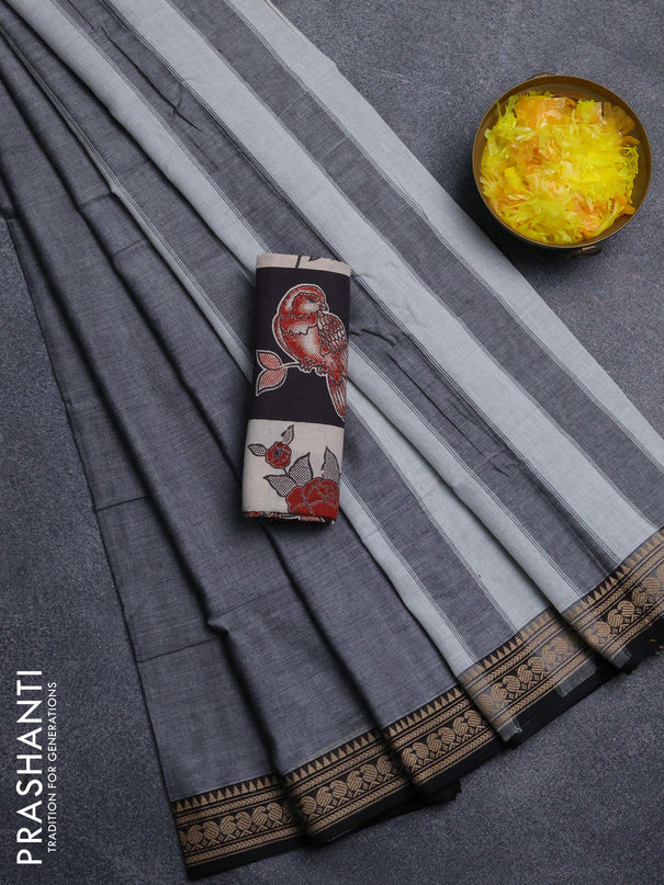 Narayanpet cotton saree grey and black wih plain body and thread woven border