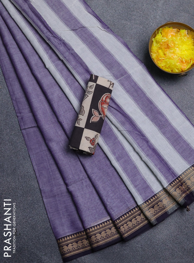 Narayanpet cotton saree violet and black wih plain body and thread woven border