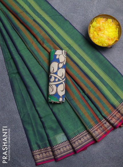 Narayanpet cotton saree dual shade of green and cs blue wih plain body and thread woven border