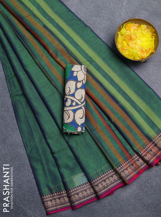 Narayanpet cotton saree dual shade of green and cs blue wih plain body and thread woven border