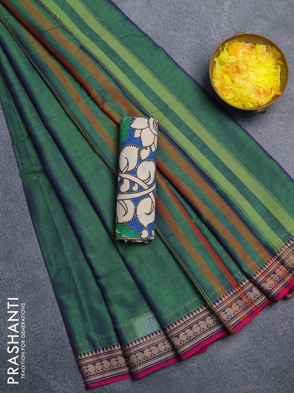 Narayanpet cotton saree dual shade of green and cs blue wih plain body and thread woven border
