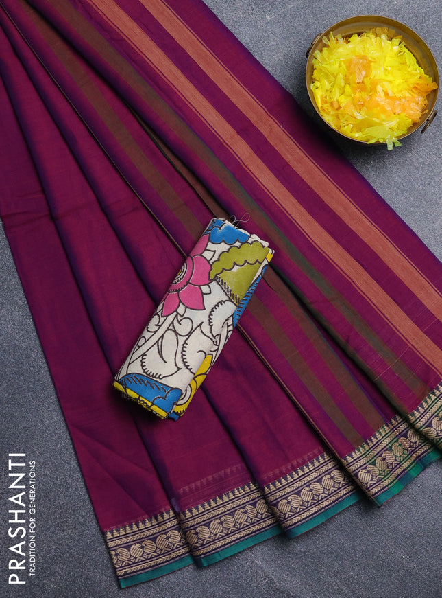 Narayanpet cotton saree purple and beige with plain body and thread woven border